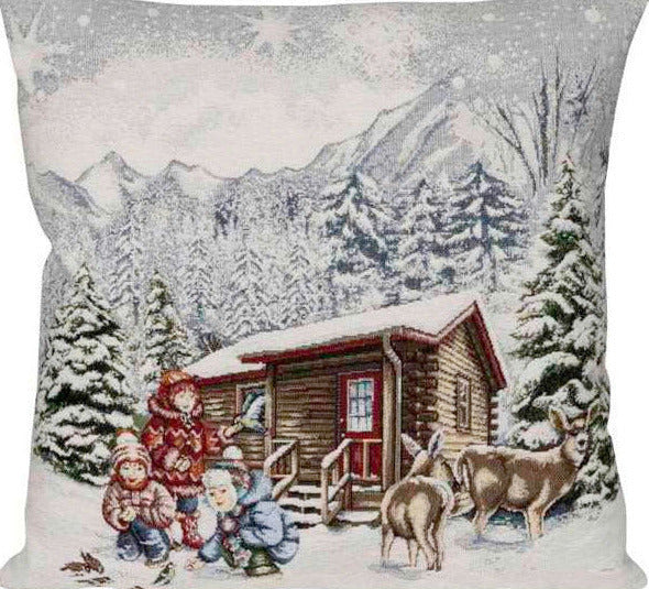 Sprügel Gobelin Kissenhülle Winteridylle an Hütte mit Kindern - Chenille 45x45 cm (1St)