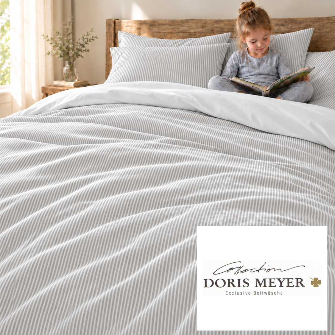 Doris Meyer Interlock Jersey Bettwäsche Streifen kiesel silber-Rückseite weiß UNI