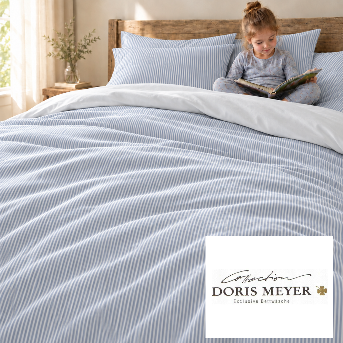 Doris Meyer Interlock Jersey Bettwäsche Streifen bleu-Rückseite weiß UNI