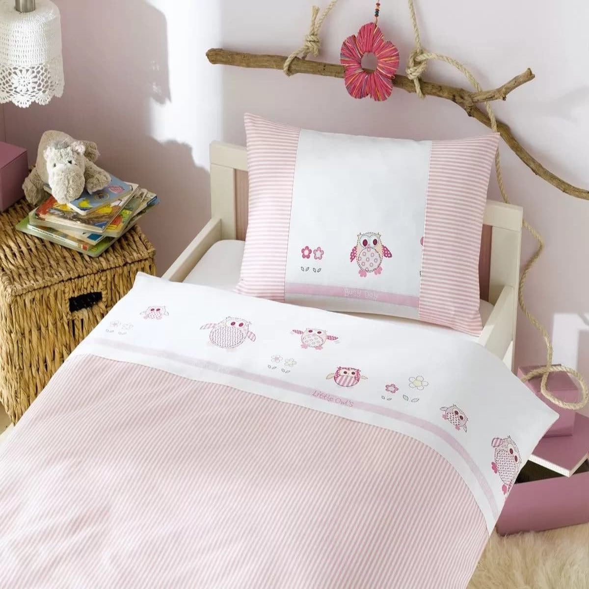 Lorena Mako Satin Kinder Bettwäsche Lorenchen rosa Eule (1St)