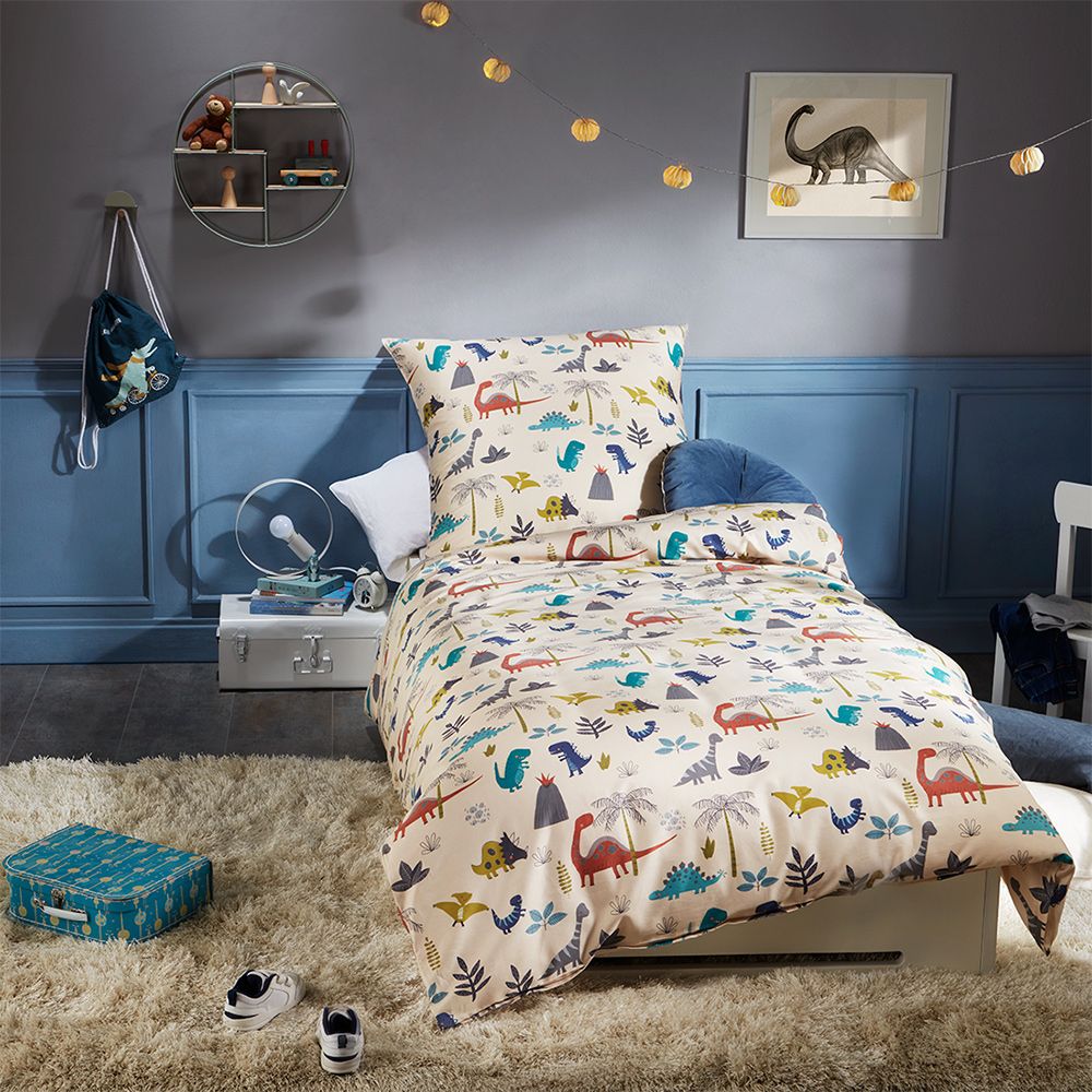 Lorena Mako Satin Kinder Bettwäsche Lorenchen Dino World beige bunt