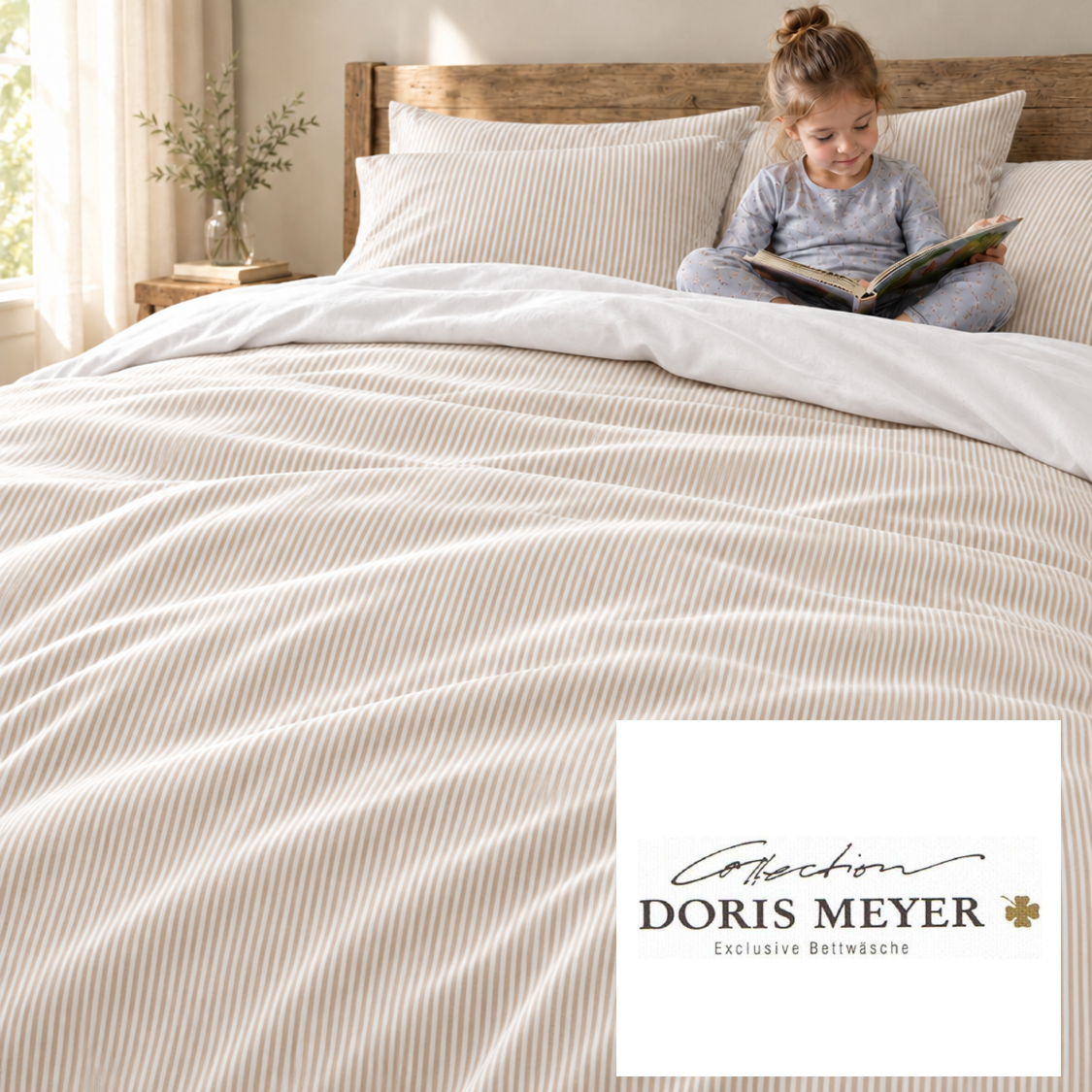 Doris Meyer Interlock Jersey Bettwäsche Streifen beige-Rückseite weiß UNI
