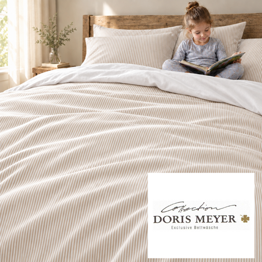 Doris Meyer Interlock Jersey Bettwäsche Streifen beige-Rückseite weiß UNI