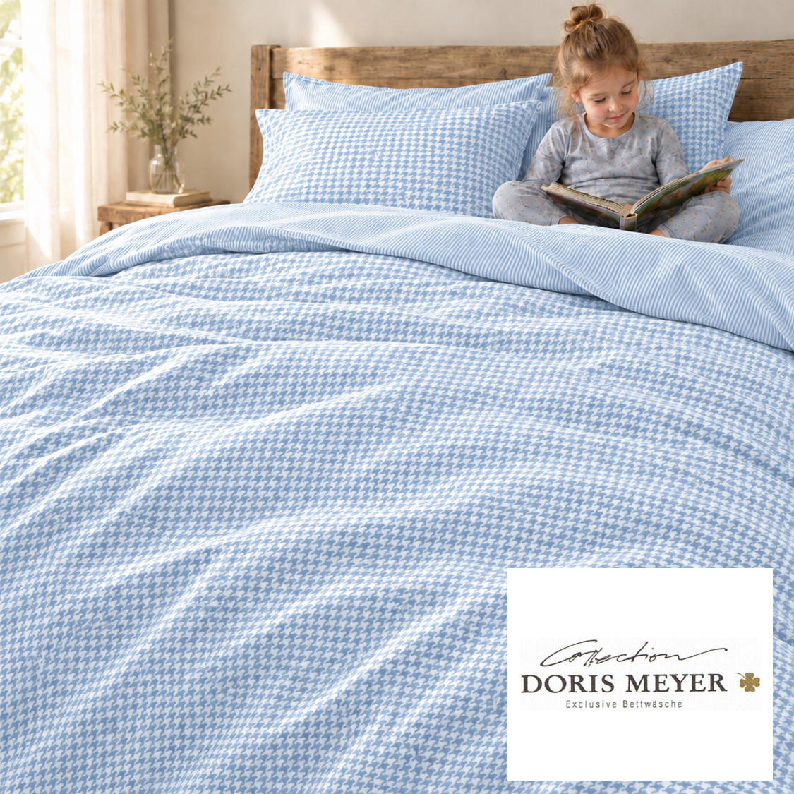 Interlock-Jersey Wende-Bettwäsche Raffi 4005-89 bleu Streifen-Hahnentritt