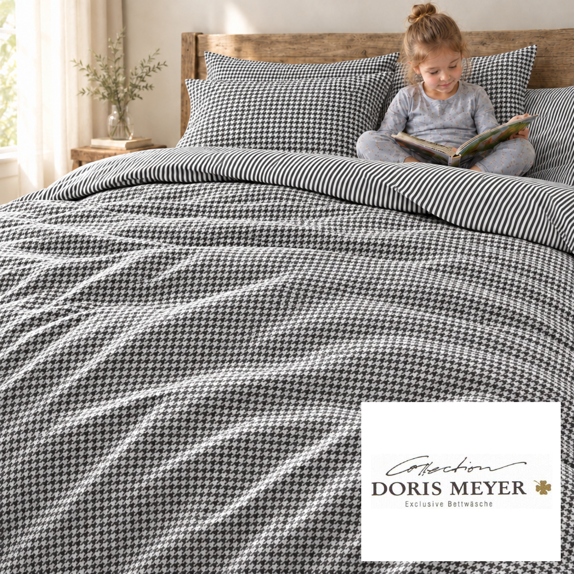 Doris Meyer Interlock-Jersey Wende-Bettwäsche Raffi 4005-27 schwarz Streifen-Hahnentritt Nm 100