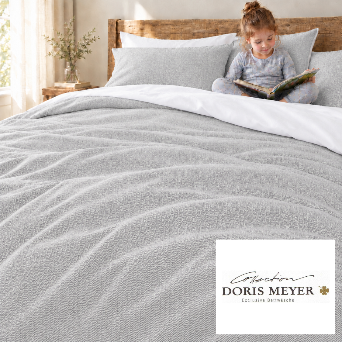 Doris Meyer Interlock Jersey Bettwäsche Fischgrät kiesel silber-Rückseite weiß UNI