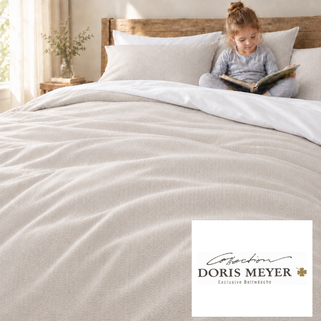 Doris Meyer Interlock Jersey Bettwäsche Fischgrät beige-Rückseite weiß UNI