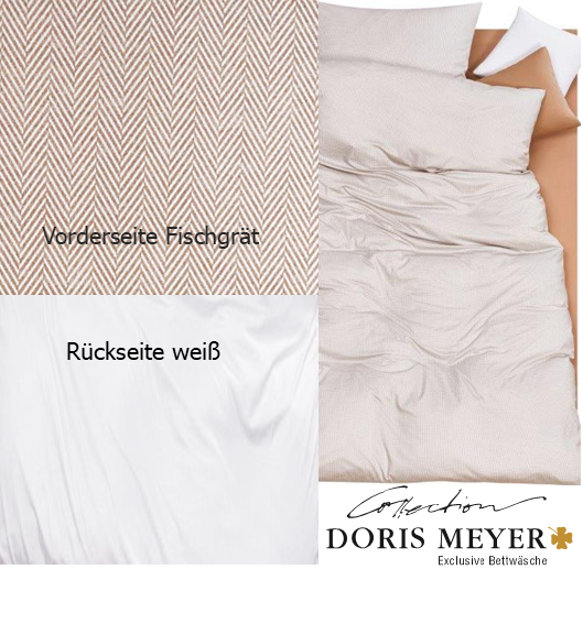 Doris Meyer Interlock Jersey Bettwäsche Fischgrät beige-Rückseite weiß UNI
