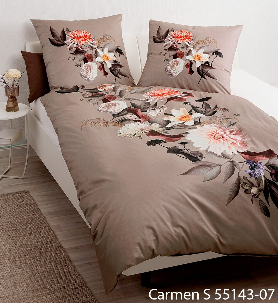 Janine CARMEN S 55143-07 Interlock-Jersey Bettwäsche in Sand mit Blumenbouquet