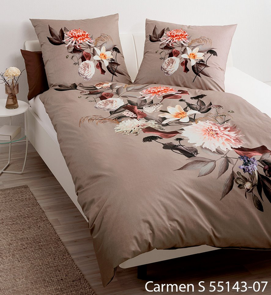 Janine CARMEN S 55143-07 Interlock-Jersey Bettwäsche in Sand mit Blumenbouquet