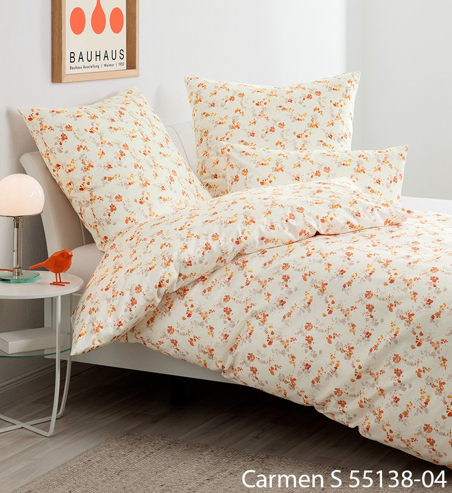 Janine CARMEN S 55138-04 Bettwäsche mit kleinen orange-roten Blüten auf hellem Grund