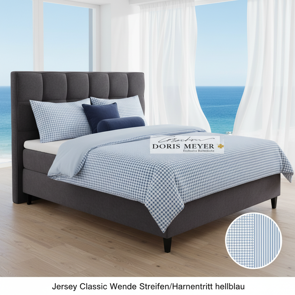 Interlock-Jersey Wende-Bettwäsche Raffi 4005-89 bleu Streifen-Hahnentritt