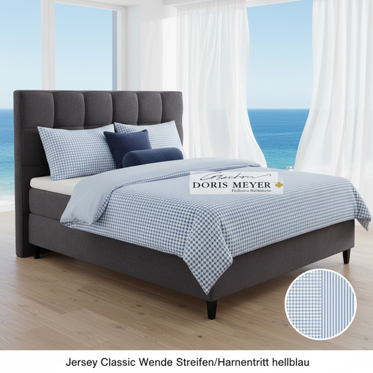 Interlock-Jersey Wende-Bettwäsche Raffi 4005-89 bleu Streifen-Hahnentritt