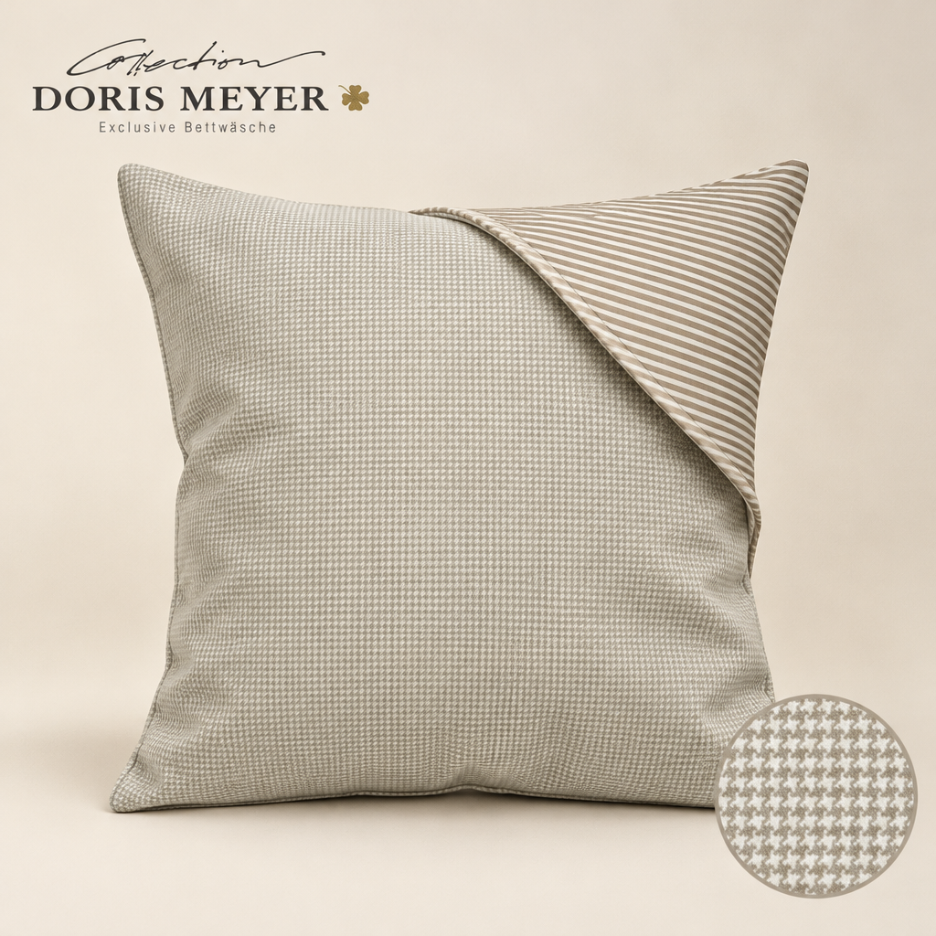 Doris Meyer Interlock-Jersey Wende-Kissenbezug Beige 80 × 80 cm mit Hahnentritt, Streifen und rundem Musterdetail