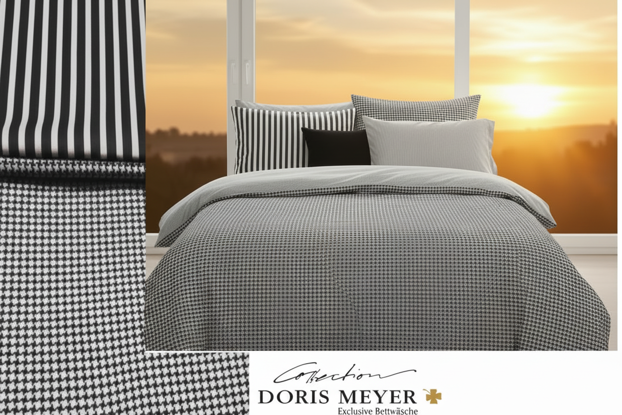 Doris Meyer Wende-Bettwäsche Schwarz-Weiß Hahnentritt Streifen Sonnenuntergang