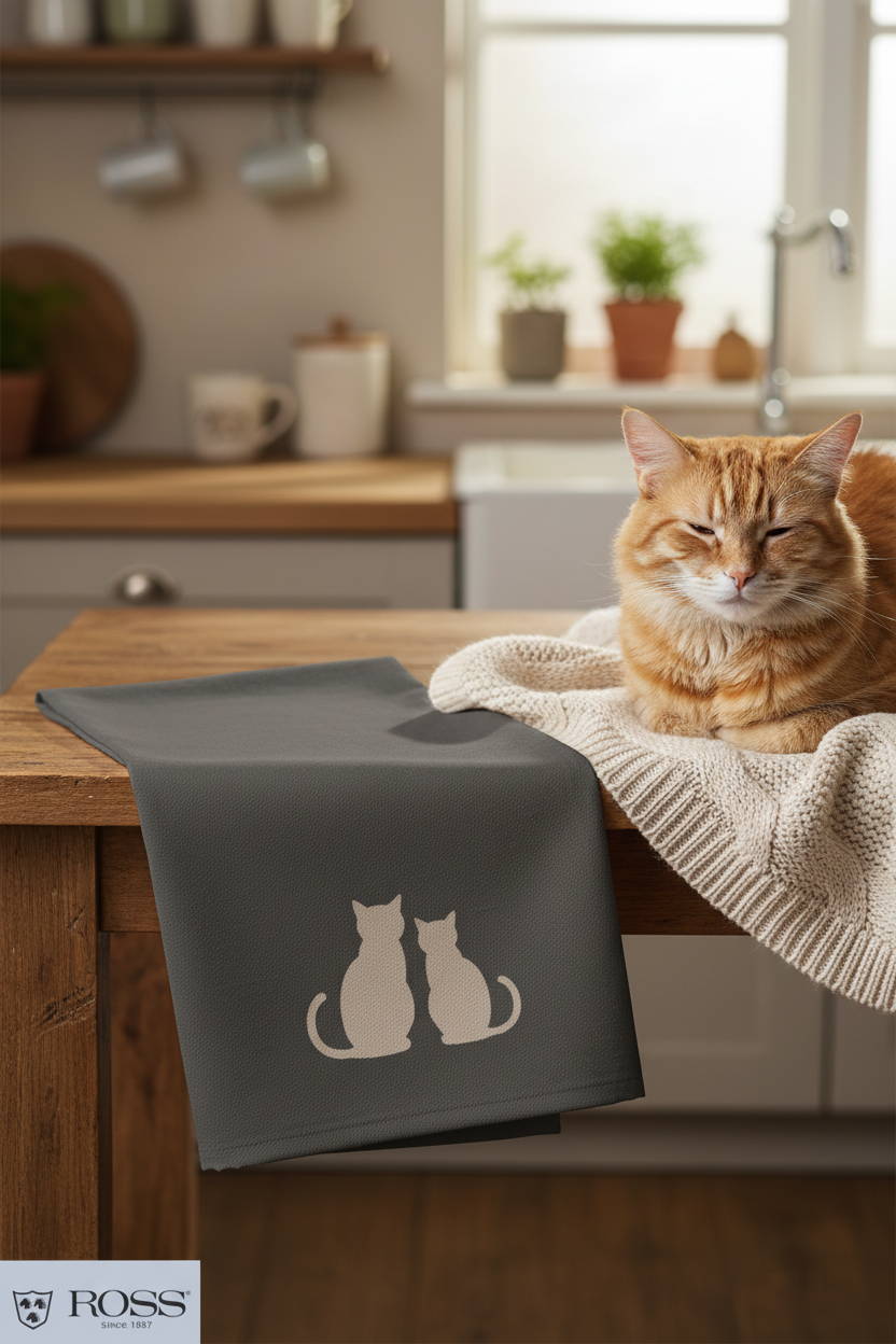Katzen-Geschirrtuch mit Katze im Hintergrund und Ross-Logo