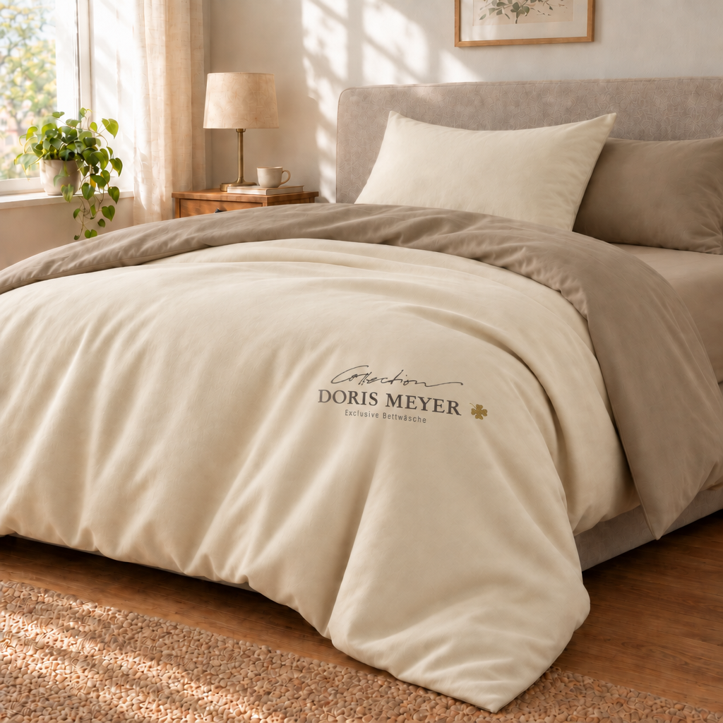 Doris Meyer Wendebettwäsche in Beige und Taupe in einem gemütlichen Schlafzimmer