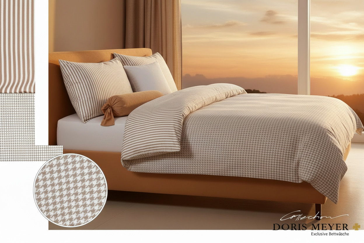 Doris Meyer Interlock Jersey Wende-Bettwäsche Sand-Beige Hahnentritt Streifen Sonnenuntergang