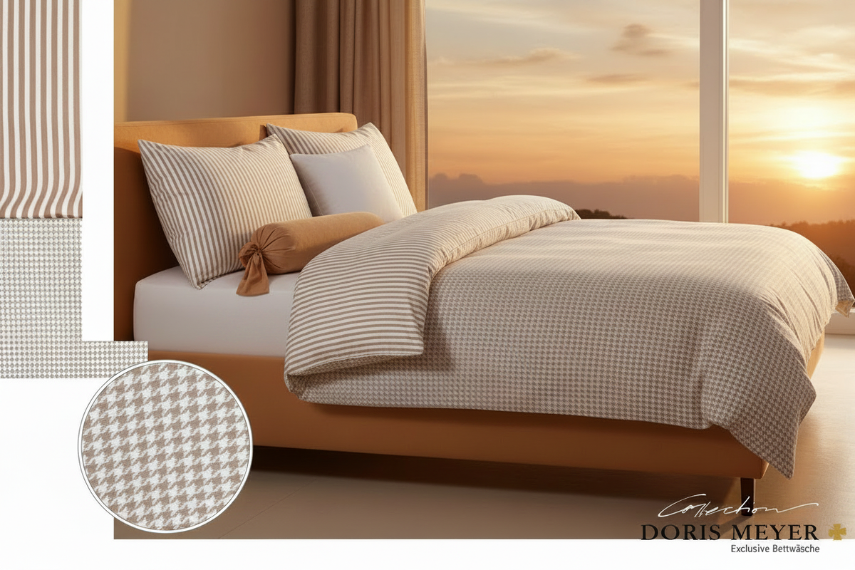 Doris Meyer Interlock Jersey Wende-Bettwäsche Sand-Beige Hahnentritt Streifen Sonnenuntergang