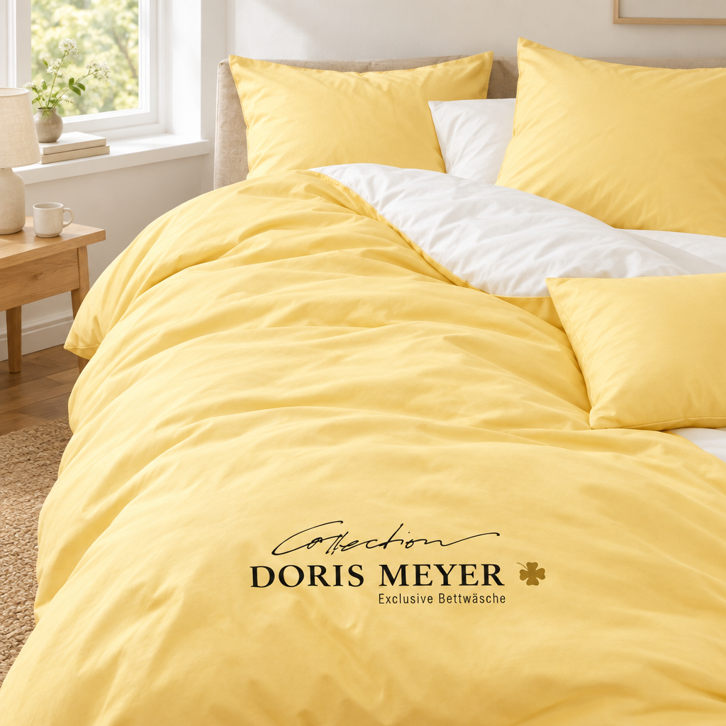 Gelb-weiße Doris Meyer Wendebettwäsche in einem gemütlichen Schlafzimmer