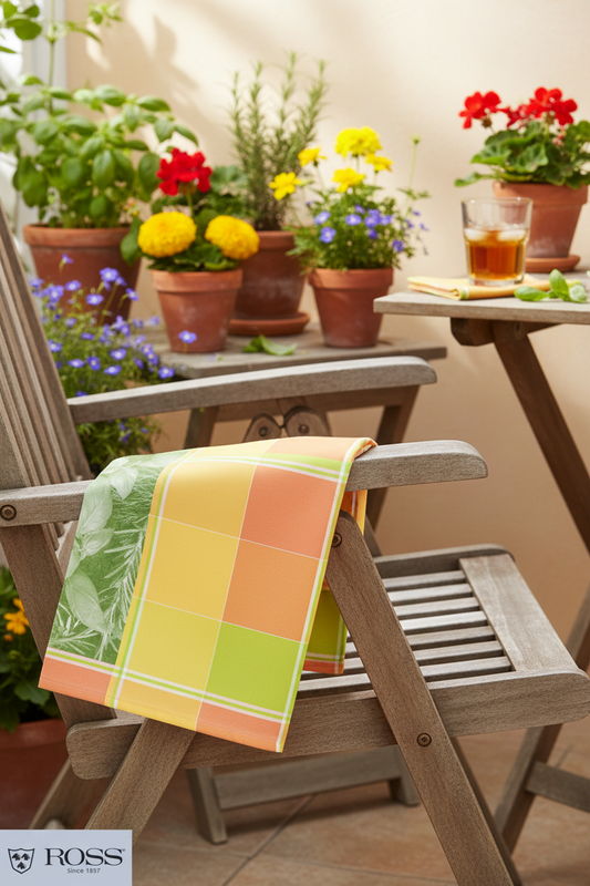 Buntes Blockkaro Geschirrtuch auf sonniger Terrasse mit Pflanzen