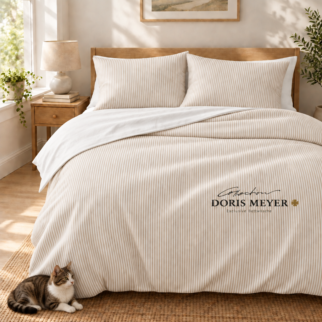 Fein gestreifte beige-weiße Wendebettwäsche in einem gemütlichen Schlafzimmer mit Katze am Boden