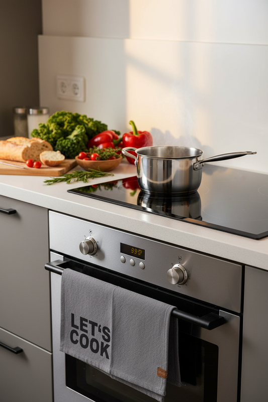 LET'S COOK Geschirrtuch neben Herd und Topf