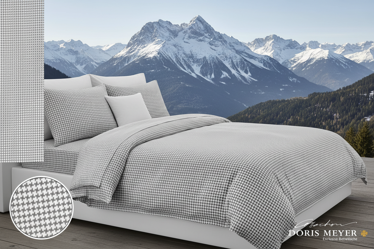 Doris Meyer Interlock Jersey Bettwäsche Kiesel Grau Hahnentritt Berglandschaft