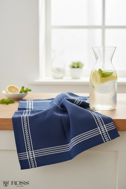 Ross Geschirrtuch Marineblau mit Glaskaraffe und frischem Wasser