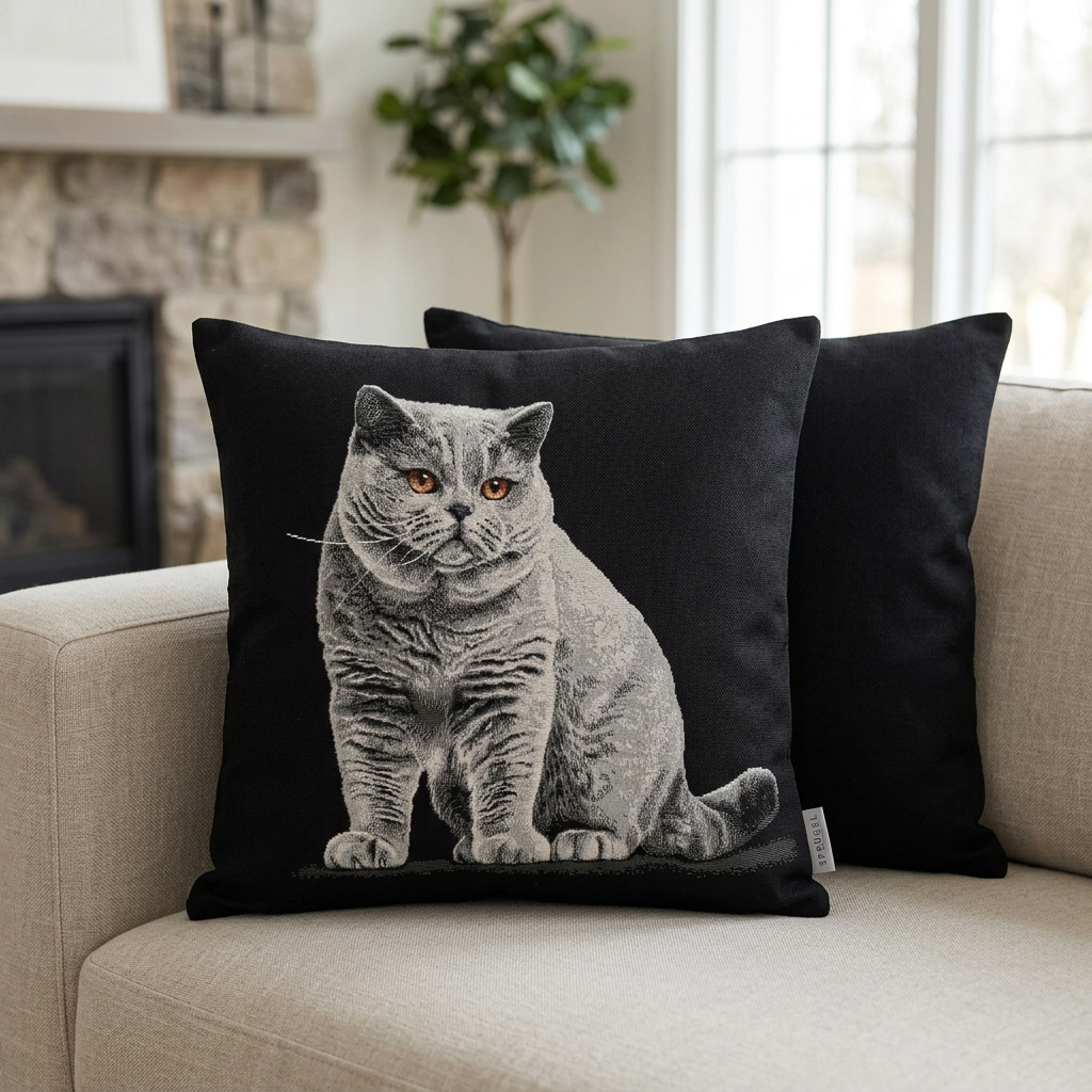 Sprügel Kissenhülle mit britischer Katze und schwarzer Uni-Rückseite auf hellem Sofa