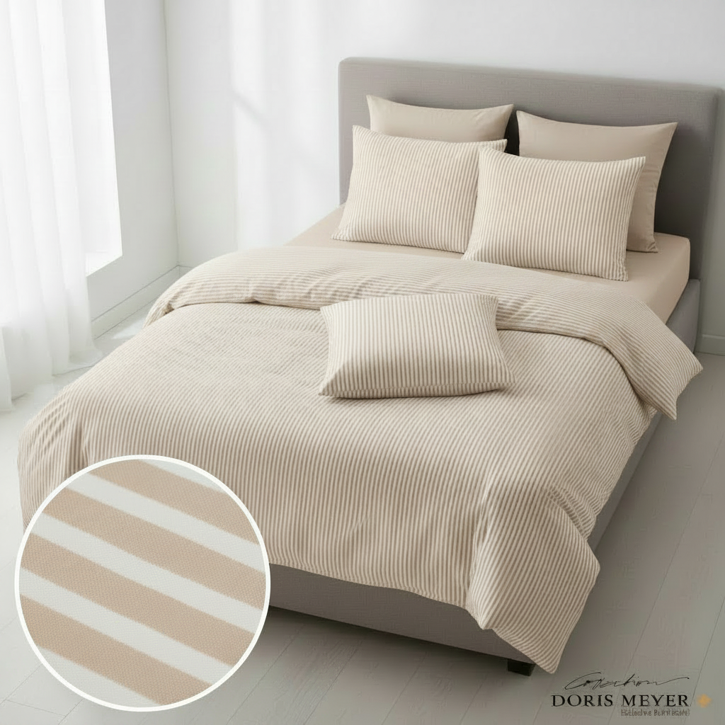 Doris Meyer Bettwäsche Beige – umgeklappte Seite gestreift, mit Detailkreis und Logo