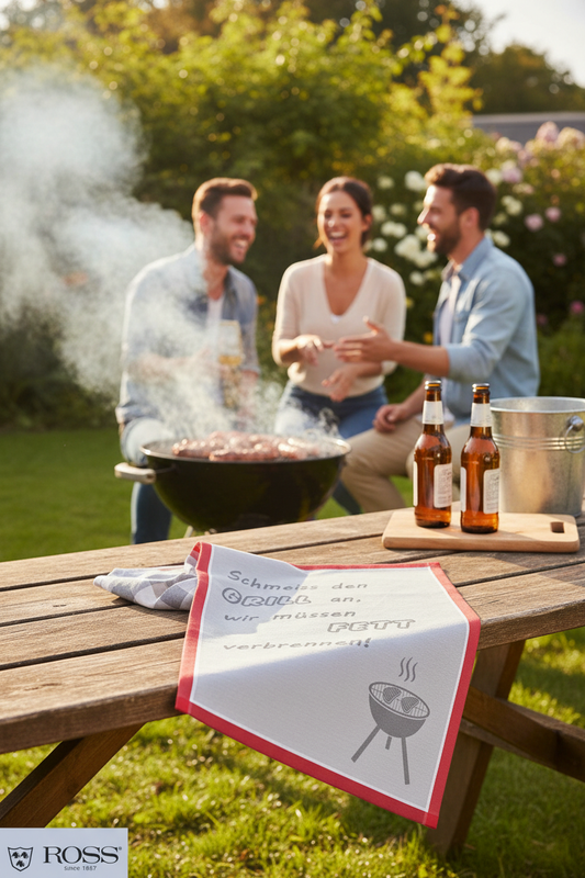 Grill-Spruch-Geschirrtuch im sommerlichen Garten BBQ