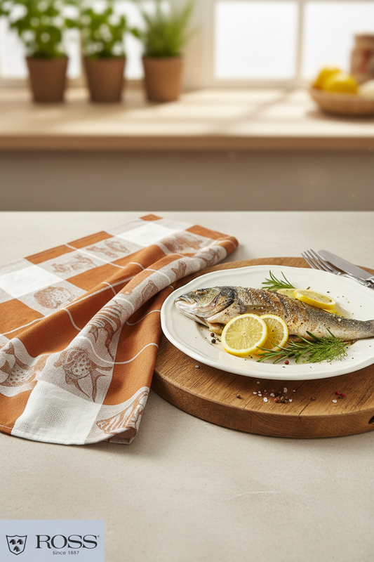 Fisch-Geschirrtuch mit Fischgericht und Ross-Logo